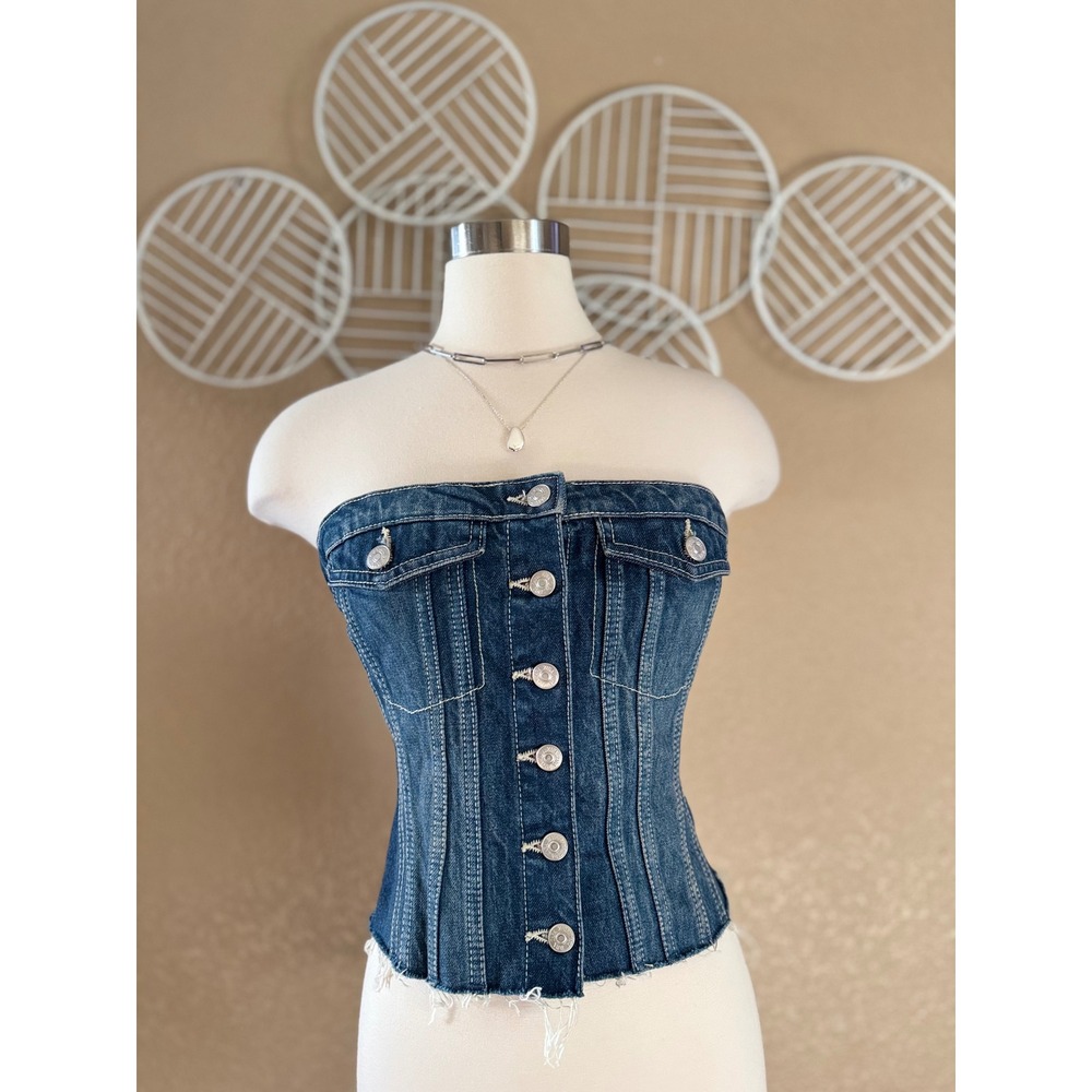Zara Women Blue Denim Strapless Corset Button Front Smocked Back Medium Wash